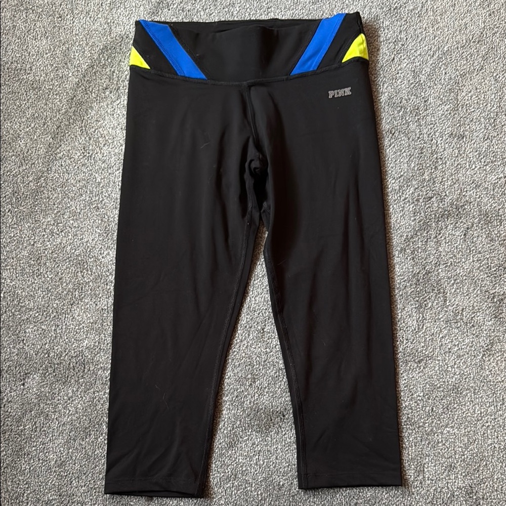 PINK Victoria's Secret Black Leggings with Blue and Yellow Accents